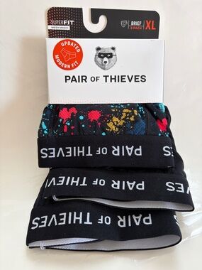 NWT PAIR OF THIEVES Men's Black Briefs 3-Pack with Multicolor Splash - XL